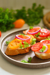 Tasty bruschetta with tomato. Easy cook, nutritious snack. Beautifully decorated catering banquet menu. Food snacks and appetizers for buffet