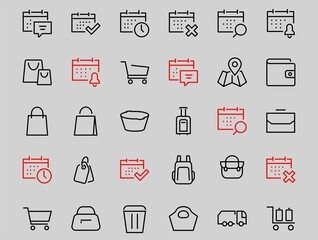 Simple set of bags, shopping and travel icons. Vector illustration Contains icons such as Card, wallet, shopping basket, discount, bowl, package. On a white background, editable stroke