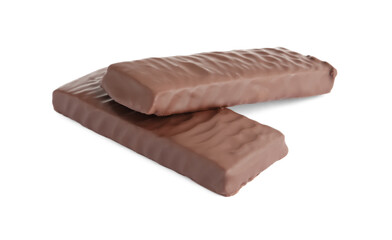 Tasty chocolate glazed protein bars on white background. Healthy snack