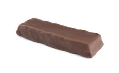 Tasty chocolate glazed protein bar isolated on white. Healthy snack