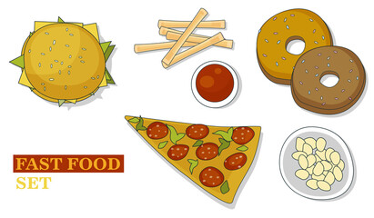 Set of colorful cartoon fast food icons. Isolated vector.