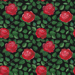 Pattern of roses and leaves on a black background for wrapping paper wallpaper