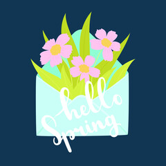 Hello Spring vector illustration. Envelope full of flowers on dark blue background. Hand lettering "Hello Spring" in white. Spring greeting card with calligraphy