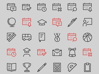 A simple set of school items. Contains icons such as student, award, geography, physical education, geometry and more. On white background. Editable stroke. 480x480