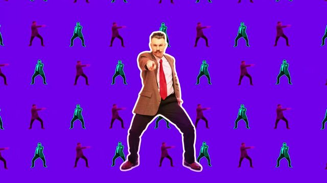 Young businessman dancing after successful transaction. Looped animation. 4k. Stop motion design or art 2D animation. Funny man. Modern, conceptual, contemporary art collage. Party, business concept