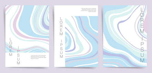Minimal marble flyers set. Abstract watercolor marble poster templates for identity, fashion or modern banner, brochure. Artistic cover marble texture background. Vector pale blue minimal posters.