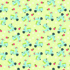 Blue floral scooter/bike seamless vector pattern on light green background