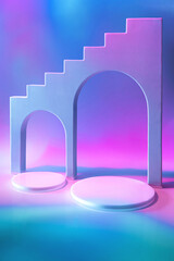 Abstract surreal scene - empty stage with cylinder podiums and arches on holographic neon colored background. Pedestal for cosmetic, beauty product, packaging mockups presentation