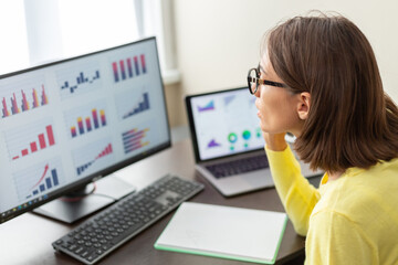 Caucasian advisor financial business analytics woman with data dashboard graphs - obrazy, fototapety, plakaty