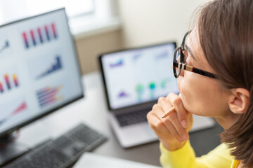 Caucasian advisor financial business analytics woman with data dashboard graphs
