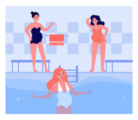 Happy pregnant women attending swimming pool. Female character with belly in swimsuit swimming in water flat vector illustration. Pregnancy, sports concept for banner, website design or landing page