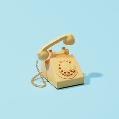 Old rotary dial telephone with handset lifted. Pastel colour image of communication device. 3D illustration.
