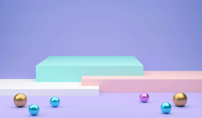 The pedestal on rose background with cylindrical stand concept Backdrop standing empty shelves 3D illustration.
