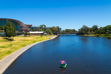 River Torrens flowing west and narrowing through Adelaide, South Australia