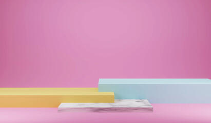 The pedestal on rose background with cylindrical stand concept Backdrop standing empty shelves 3D illustration.