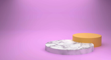 The pedestal on rose background with cylindrical stand concept Backdrop standing empty shelves 3D illustration.