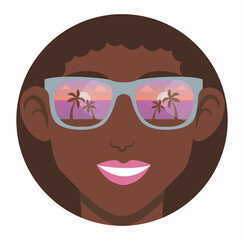 Portrait of smiling girl in sun glasses. The lenses of the glasses reflect the beach with palm trees and the sea at sunset. The concept of summer vacation, tourism, travel. Vector