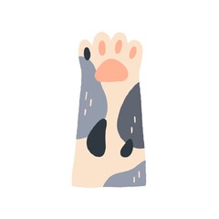 Cute cat s paw with soft tender pads. Feline animal s hand raised up, gesturing hi. Adorable funny foot of spotty kitty. Colored flat doodle vector illustration of kitten leg isolated on white