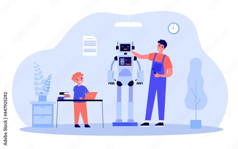 Poster happy father and son making robot together. man with screwdriver, child programming machine on lapto