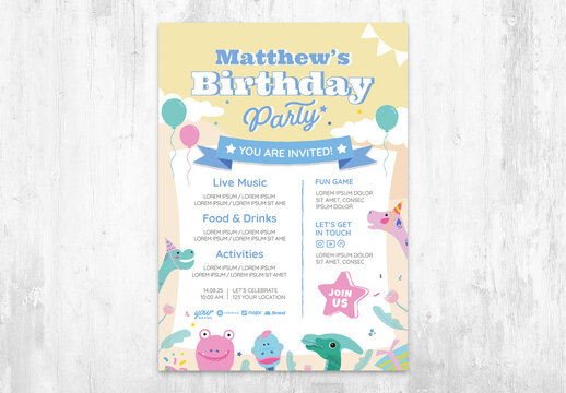 Children's Birthday Party Flyer Invite with Cartoon Dinosaur Illustrations
