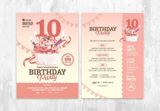 Pink Birthday Party Invitation Flyer with Cupcake Muffin Illustrations