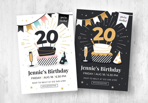 Illustrated Birthday Party Flyer Card with Cake and Champagne Illustrations