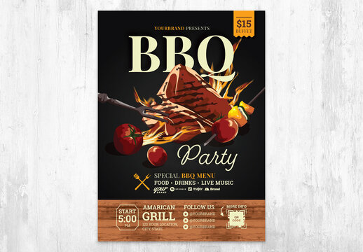 BBQ Flyer Layout for Barbeque Party with Grilled Meat Vector