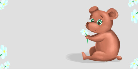 cute stuffed teddy bear with a daisy in his hands and a place to insert text