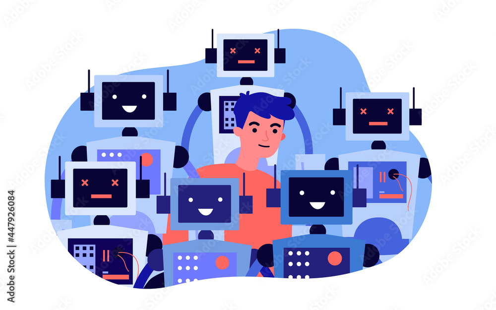 Poster young man standing in crowd of robots. flat vector illustration. man surrounded by smart robots with