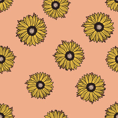 Seamless pattern sunflowers on pink background. Beautiful texture with yellow sunflower and leaves.
