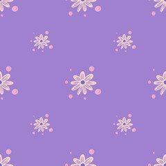Minimalistic floral seamless pattern with pink chamomile small flowers ornament. Light purple background.