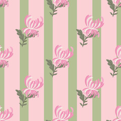 Obraz premium Blossom seamless pattern with pink diagonal chrysanthemum flowers shapes print. Striped background.