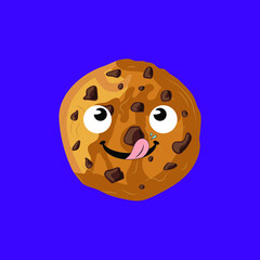 Vector Cartoon Cookie, Licking Chocolate Cookie, Colorful Illustration, Funny Face Food.
