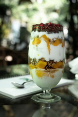 healthy breakfast of yogurt, mango, muesli dry fruits and nuts 