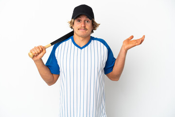 Young blonde man playing baseball isolated on white background having doubts while raising hands