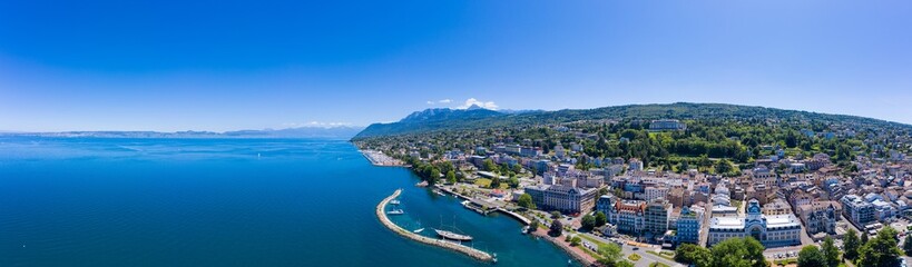 Obraz premium Aerial view of Evian (Evian-Les-Bains) city in Haute-Savoie in France