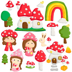 A Cute Vector of Fairy on Forest Mushroom Houses Doodle  