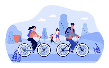 People with backpacks enjoying nature. Flat vector illustration. Couple on bicycles, daughter with mom in background, tent set up in forest or park. Nature, walk, tourism, lifestyle, family concept