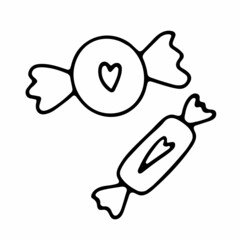 Doodle Valentines Day sweets. Hand-drawn desserts with cute hearts. Outline festive candy, chocolate, lollipop. Trick or treat signs. Wrapped caramels of different shapes. Vector food illustration