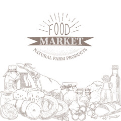 Fototapeta na wymiar An illustration of organic food products in an engraved style. Products of the farmers market. The concept of a grocery store.