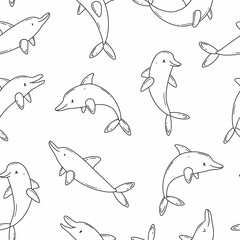 Naklejka na ściany i meble Seamless black and white background with cute dolphins in cartoon doodle style. Vector illustration background.