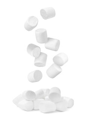 Delicious sweet puffy marshmallows flying on white background