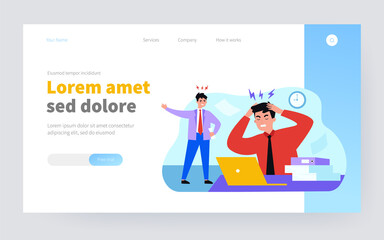 Angry boss shouting at frustrated employee. Office worker suffering from migraine and feeling stress at work. Vector illustration for burnout, deadline, office conflict concept