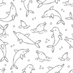 Fototapeta premium Seamless black and white background with cute dolphins and bubbles in cartoon doodle style. Vector illustration background.