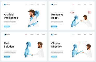 Artificial intelligence futuristic technology vector illustration. Cartoon modern ai landing page set for digital data science webpage with robot and human solutions, mind direction and opposition