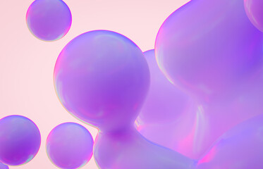 Abstract 3d art background. Holographic floating liquid blobs, soap bubbles, metaballs.