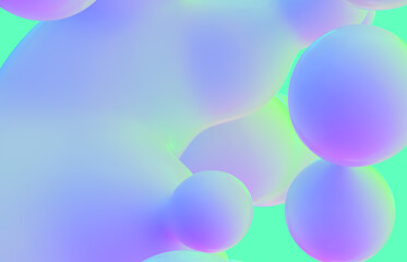 Abstract 3d art background. Holographic floating liquid blobs, soap bubbles, metaballs.