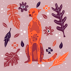 Fototapeta na wymiar Cute cheetah hand drawn flat vector illustration. Funny exotic animal with leaves and flowers isolated.