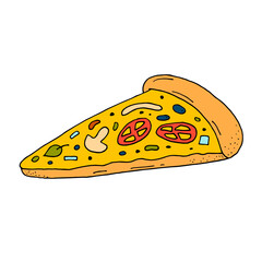 A slice of pizza with tomatoes and mushrooms. Fast food. Food. A quick snack. Vector. Doodle. Hand-drawn illustration.