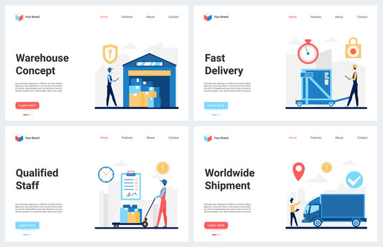 Warehouse logistics, worldwide delivery service vector illustration. Cartoon modern concept landing page set with professional staff working, cargo freight shipment, courier and truck transport